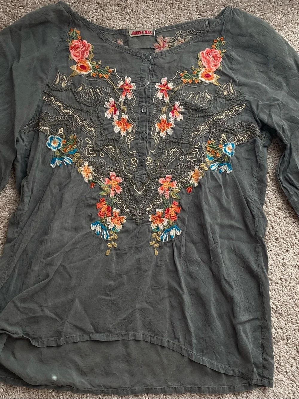 Johnny Was Green Linnet Boho Faire Embroidered Floral Peasant Blouse Large - Picture 3 of 10